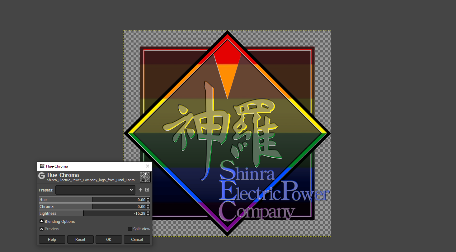 Screenshot. The lightness of the Shinra logo is set to around -16%.